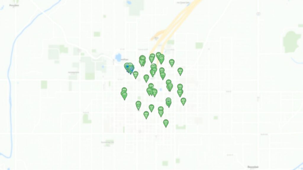 Map showing multiple public EV charging stations in a city, highlighting the density of charging options.