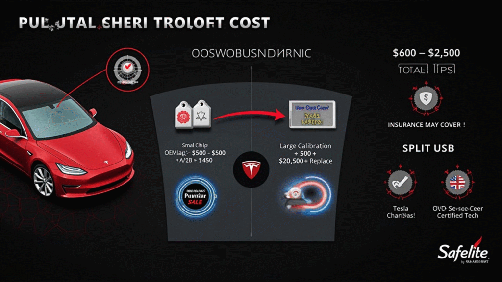Broken Tesla Model S windshield replacement cost $2500 vs insurance savings USA Canada