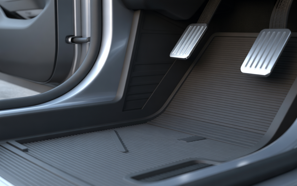 Extreme close-up: Thick textured TPE best Tesla floor mats for Cybertruck - laser-fit in angular footwell, trapping debris with secure anchor clip