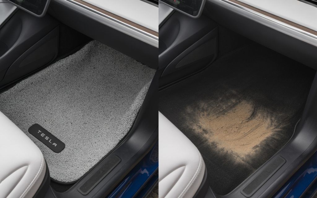 Close-up split-screen: Flimsy, dirty Tesla Model 3 factory carpet mat vs. stained carpet underneath - inadequate coverage proving need for best Tesla floor mats.