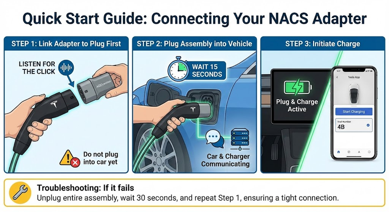 nacs adapter connecting guide visuals and steps